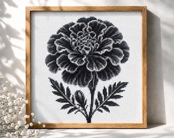 Marigold cross stitch pattern, Monochrome Birth month flowers, Wildflower embroidery nature DIY wall design, Digital Instant download PDF