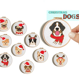 Honden kerst kruissteekpatroon, kleine kerstversieringen, kruissteek dieren, kerstcadeau, wenskaart, Easy Mini dogs