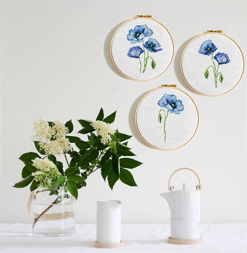 Poppy flower modern cross stitch pattern PDF Blue poppies watercolor cross stitch bundle Floral counted cross stitch Easy Poppy flower chart image 3