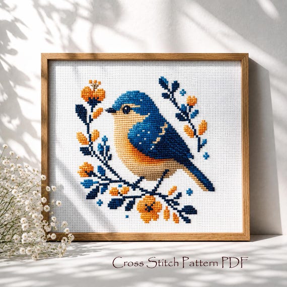 花と鳥のクロスステッチパターンPDF｜モダンな自然刺繍図案、コテージ
