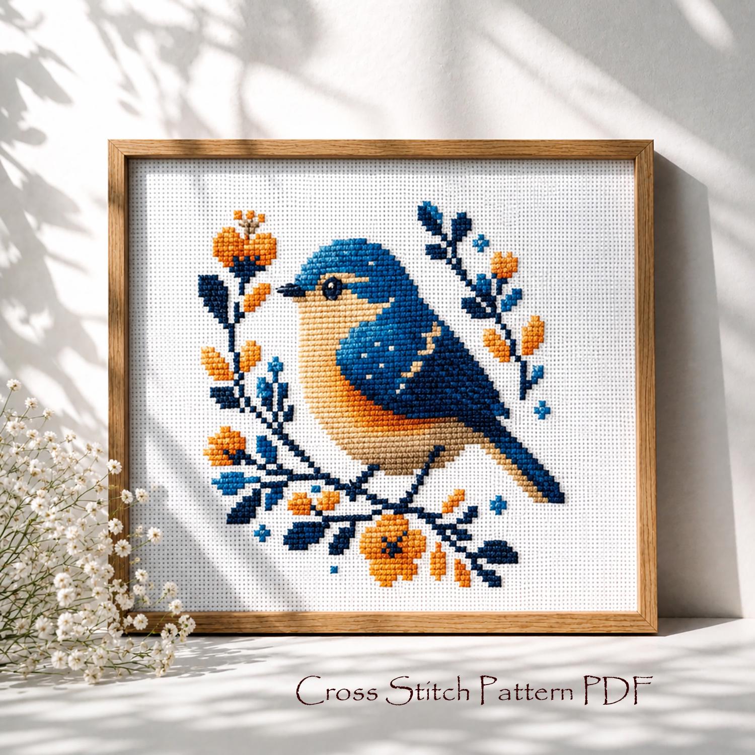 花と鳥のクロスステッチパターンPDF|モダンな自然刺繍図案、コテージ 花と鳥のクロスステッチパターンPDF|モダンな自然刺繍図案、コテージ