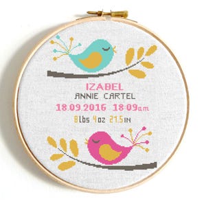 Birth Announcement Cross Stitch Pattern PDF, Custom Baby Name and Date, Pink tree with birds, flowers, Personalized DIY nursery decor.