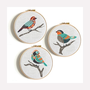 Geometric birds counted cross stitch pattern bundle, Modern bird on the branch, Abstract Wall Art, cross stitch PDF, Beginner embroidery