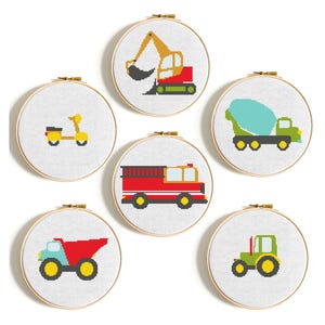 Baby cross stitch pattern PDF, Vehicle, Fire engine, Mixer truck, Tractor,  Digger, Boy nursery room decor, Digital Instant download