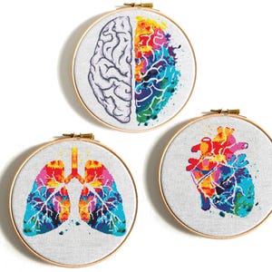Anatomy Cross Stitch Pattern, Brain Heart Lungs colorful cross stitch, Funny anatomy cross stitch, Human body embroidery, Scary cross stitch