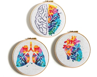 Anatomy Cross Stitch Pattern, Brain Heart Lungs colorful cross stitch, Funny anatomy cross stitch, Human body embroidery, Scary cross stitch