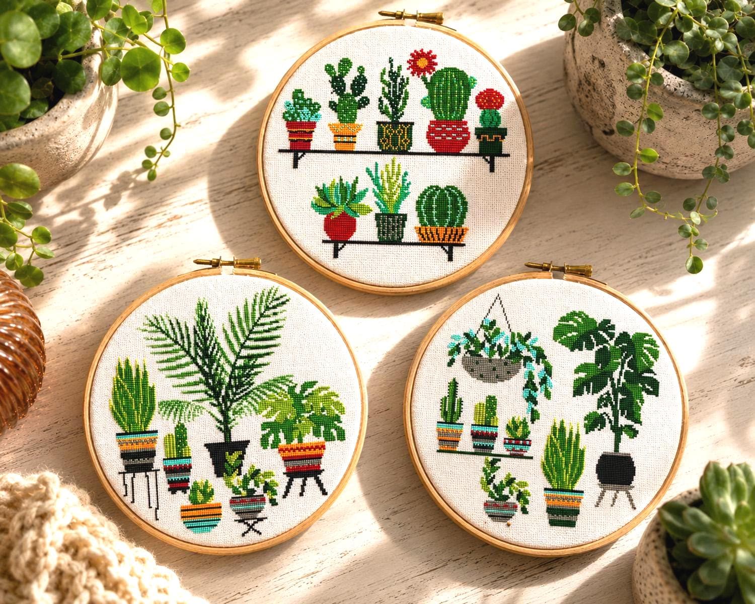 サボテンのクロスステッチパターン：鉢植え多肉植物の刺繍（デジタル