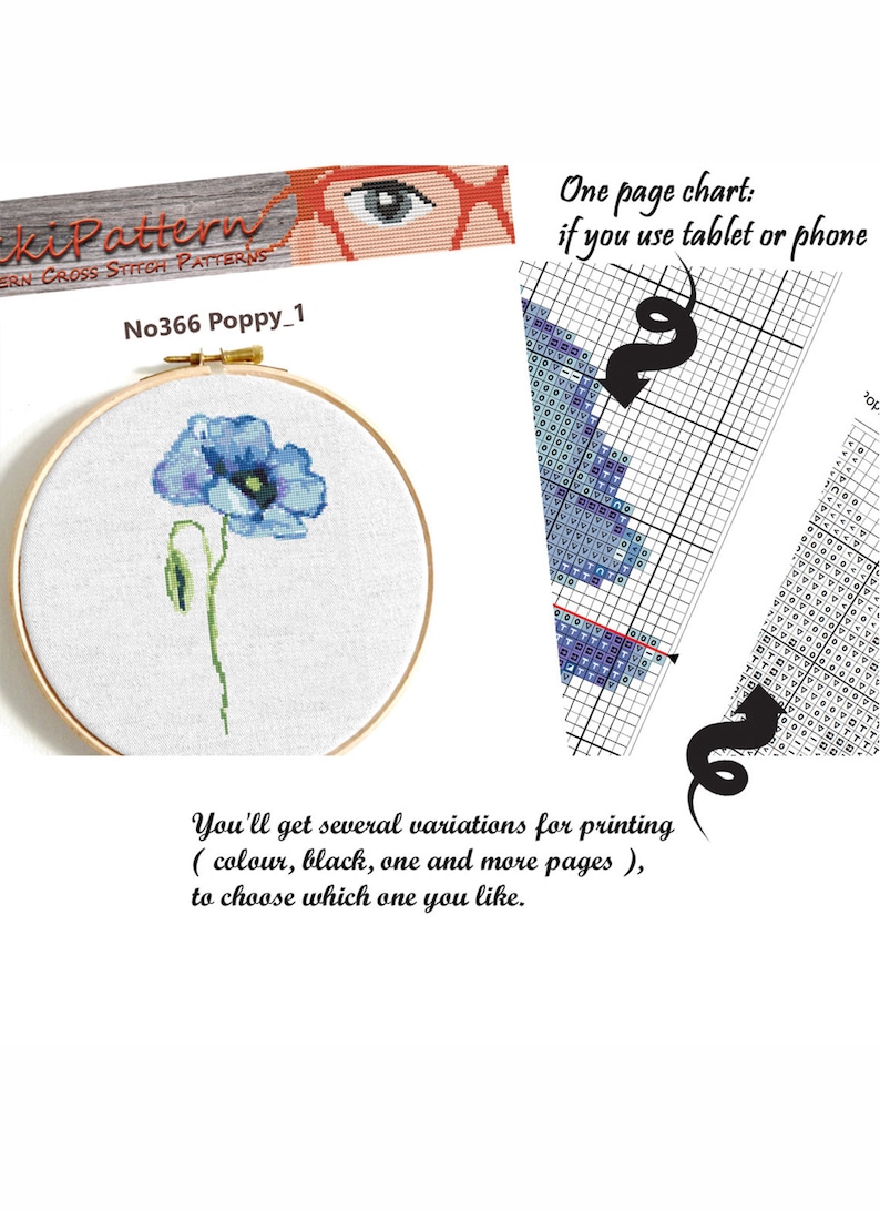 Poppy flower modern cross stitch pattern PDF Blue poppies watercolor cross stitch bundle Floral counted cross stitch Easy Poppy flower chart image 2