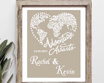 Personalized World Map Cross Stitch Pattern, Adventure Awaits, Custom Names, Travel Lover, Modern Wedding Anniversary Gift, PDF Download