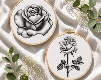 Black Rose Cross Stitch Pattern, Set of 2, Abstract Floral Embroidery, Modern Monochrome Flower Design, Black and White, Instant Download