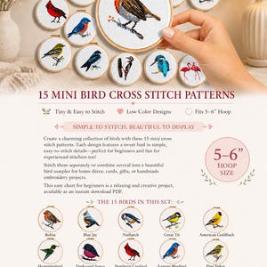 May include: A collection of 15 mini bird cross stitch patterns. Each design features a different bird, including a robin, blue jay, and hummingbird. The patterns fit a 5-6 inch hoop and are suitable for beginners. The text reads "15 Mini Bird Cross Stitch Patterns".