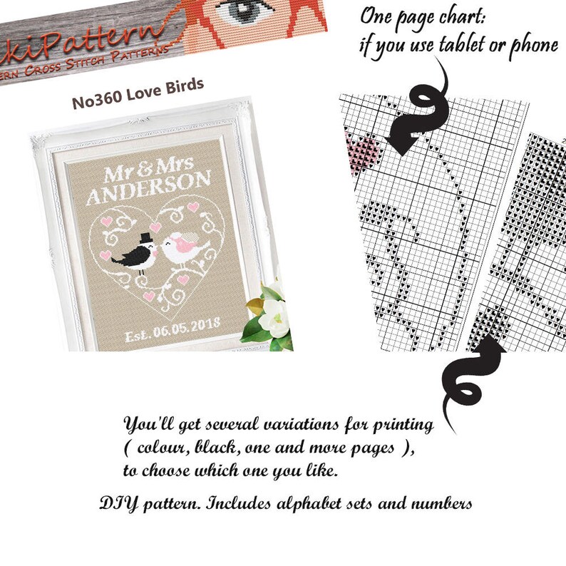 Mr and Mrs Wedding cross stitch Wedding Gift Modern cross stitch pattern Heart cross stitch Love Counted cross stitch Birds cross stitch PDF