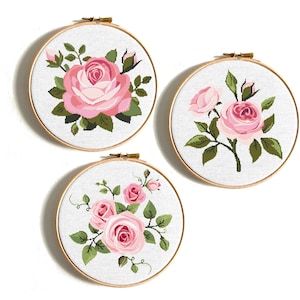 Rose cross stitch pattern, Pink flowers set, Nature embroidery chart , Modern flower design, Digital Instant download PDF