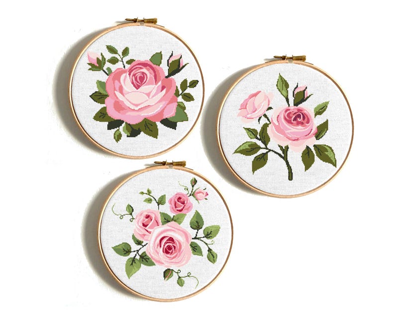 Rose cross stitch pattern, Pink flowers set, Nature embroidery chart , Modern flower design, Digital Instant download PDF