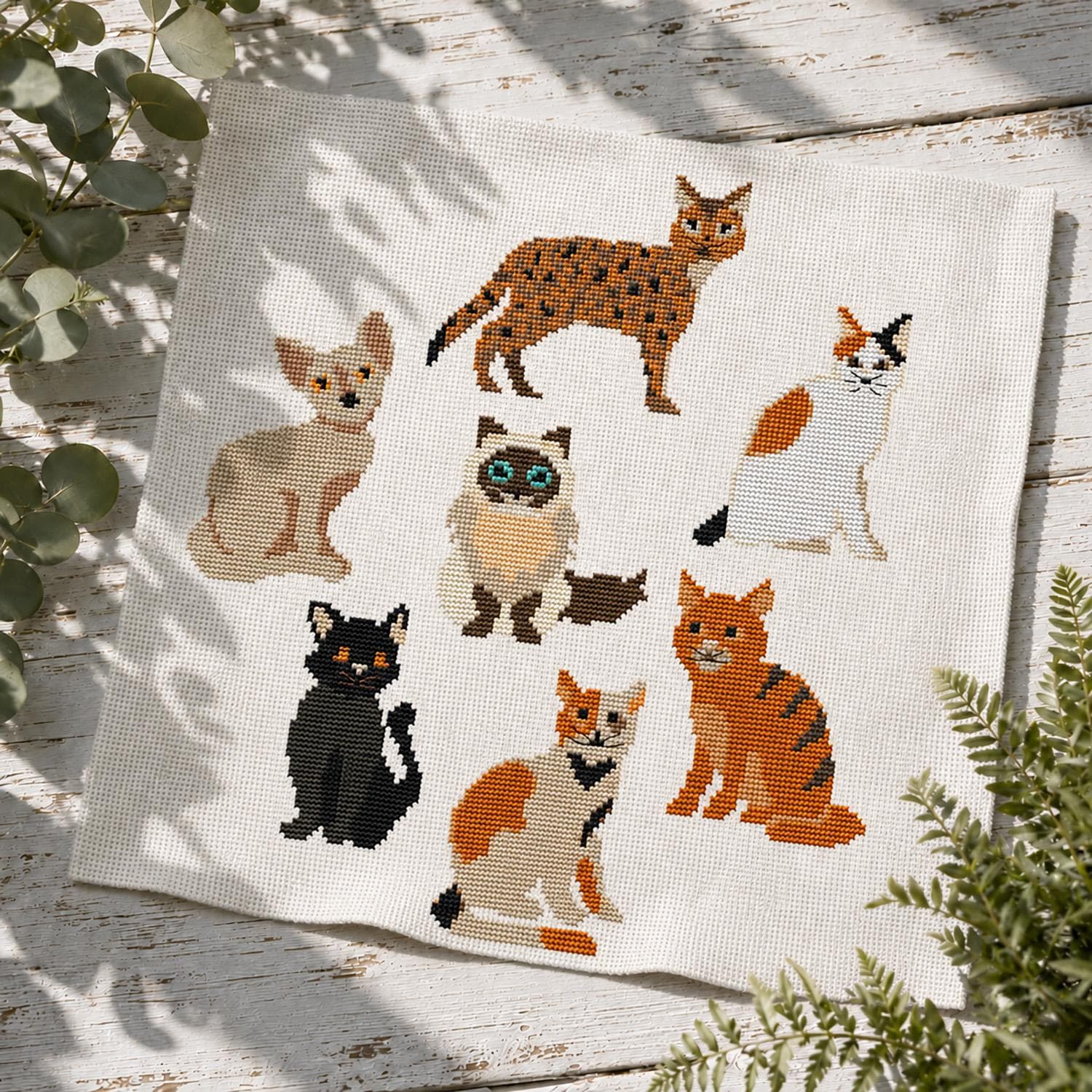 子猫4匹（クロスステッチ完成品） 子猫4匹（クロスステッチ完成品） 黒とオレンジの猫のクロスステッチ