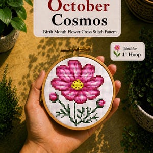 Cosmos kruissteekpatroon, Geboortemaandbloem, Oktoberbloem, Mini en eenvoudige ontwerpen, De geboortebloem van oktober, Direct te downloaden