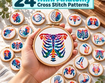 24 Mini Anatomy Cross Stitch Patterns, Colorful Organs and Bones Bundle, Medical Embroidery, PDF Instant Download