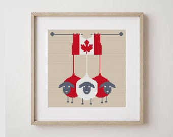 Patrón de punto de cruz de oveja linda, bandera de Canadá, oveja divertida con símbolo de Canadá, punto de cruz de animal moderno, punto de cruz fácil, oveja colorida