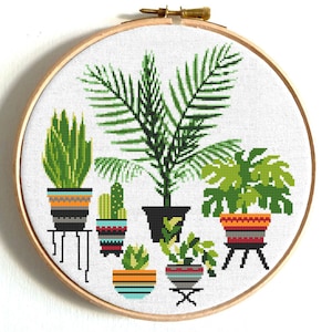 Cactus cross stitch pattern Palm tree Potted flowers Small cross stitch Green leaf Easy Floral cross stitch Cacti Beginner Tiny cross stitch