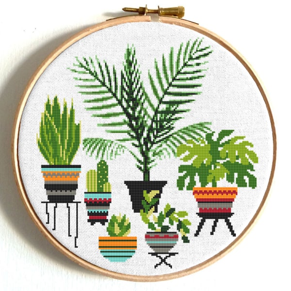 Cactus cross stitch pattern Palm tree Potted flowers Small cross stitch Green leaf Easy Floral cross stitch Cacti Beginner Tiny cross stitch