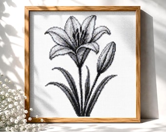 Lily Cross Stitch Pattern PDF, Monochrome Flower Embroidery, Botanical Nature Wall Art, Minimalist Lily Design, Digital Instant Download