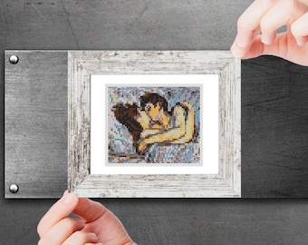 Mini cross stitch pattern Modern tiny art - In Bed The Kiss by Toulouse Lautrec Famous art miniature painting Easy beginner PDF chart