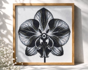 Patrón de punto de cruz de orquídea, flores monocromáticas del mes de nacimiento, bordado de orquídea negra, diseño mural de naturaleza con flores silvestres, descarga instantánea en PDF.