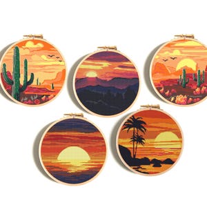 Kreuzstich Stickmuster, Ozean Landschaft mit Sonnenaufgang und bewölktem Himmel, einfaches PDF im X-Stich Stickrahmen Design
