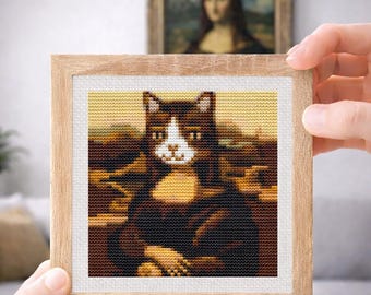 Mini Mona Lisa-kat kruissteekpatroon, grappige smokingkat, modern dier borduurontwerp, getelde X-Stitch Chart, Instant Download PDF