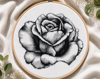 Rose Cross Stitch Pattern, Monochrome Birth month flowers, Black Monochrome Floral Embroidery, Digital Instant download PDF
