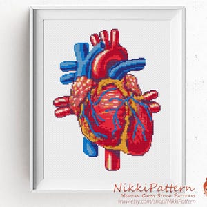 Heart cross stitch pattern Human anatomical heart cross stitch Geek counted cross stitch heart Modern cross stitch PDF Easy cross stitch