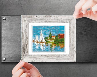 Monet Mini Cross Stitch Pattern, Modern Tiny Art - Regatta at Argenteuil, Claude Monet coastal cross stitch, Small art embroidery pdf