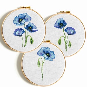 Poppy flower modern cross stitch pattern PDF Blue poppies watercolor cross stitch bundle Floral counted cross stitch Easy Poppy flower chart image 10