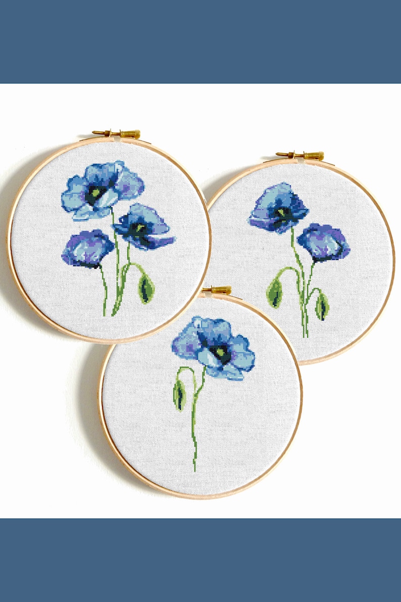 Poppy flower modern cross stitch pattern PDF Blue poppies watercolor cross stitch bundle Floral counted cross stitch Easy Poppy flower chart image 10