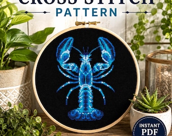 Blue Lobster Cross Stitch Pattern PDF, Ocean Animal Embroidery Chart, Coastal Nautical Sea Life Decor, Instant Download