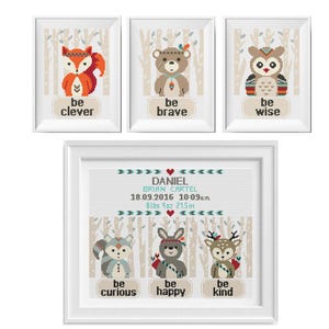 Geburtsanzeige Kreuzstich Stickmuster, niedlicher Fuchs, Bär, Hase, Vogel, Reh, personalisierte Baby Name, benutzerdefinierter Name, moderne einfache Stickerei