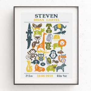 Birth announcement cross stitch pattern, Baby Alphabet with fox, elephant, giraffe, lion, dog monkey, owl, penguin, Animal embroidery PDF