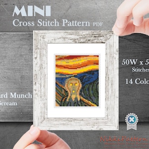 Mini cross stitch pattern Modern art -The Scream- by Edvard Munch Famous painting cross stitch PDF pattern Tiny Miniature Hand embroidery