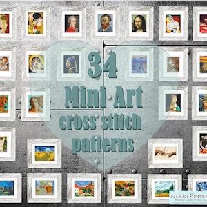 34 Mini Art cross stitch patterns, Mini masterpieces, Starry night, Modern cross stitch, Tiny famous paintings, Beginner pattern