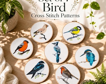 Bird cross stitch patterns, Tiny songbirds, Set of 7 small easy embroidery design, Kingfisher, Great tit, Robin bird, Bullfinch, Blue Jay.