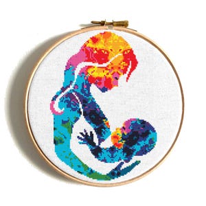 Mother with baby cross stitch pattern, Modern silhouette x-stitch PDF pattern, A mother breastfeeding her baby, Instant download
