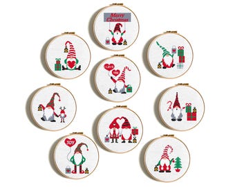 Gnomes cross stitch pattern, Set of 9 cute Christmas elf, DIY to Kids, Mini embroidery, Merry Christmas, Digital instant download PDF