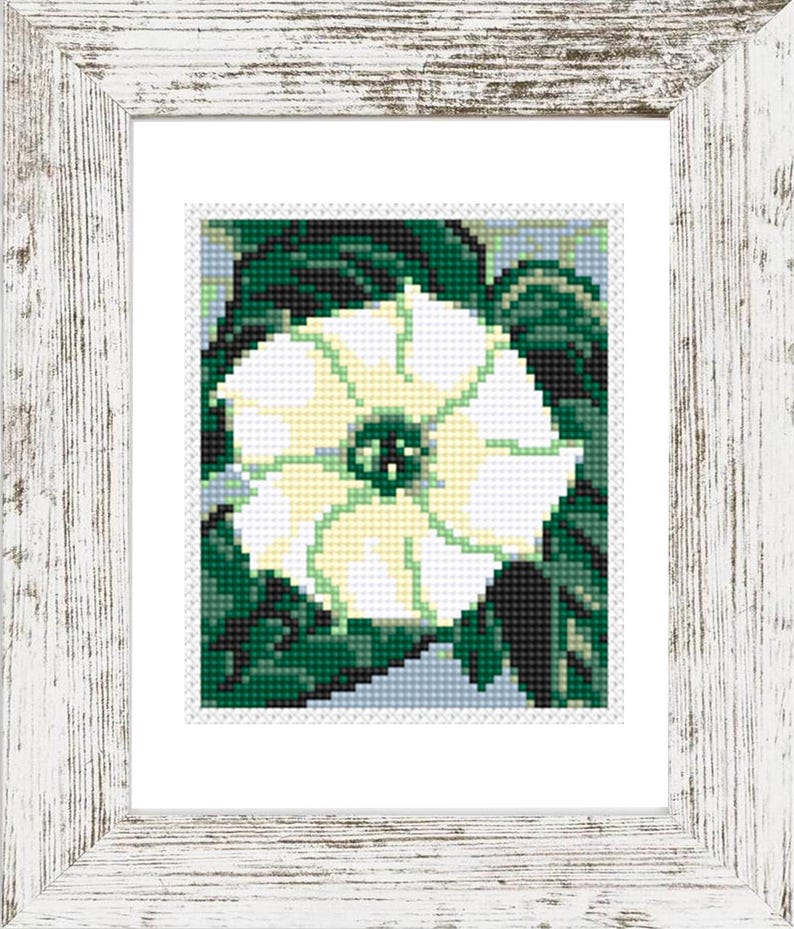 May include: A framed cross-stitch art piece featuring a white and yellow flower with green leaves. The artwork is set against a light blue background and framed in a distressed white wooden frame. The floral design is detailed and vibrant.