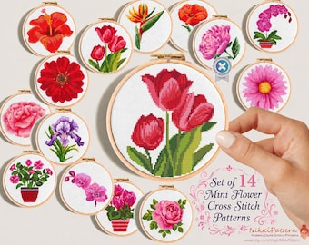 Mini flower cross stitch patterns, 14 tiny easy florals, Easy chart for beginners, Nature inspired designs, Instant download PDF