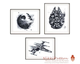 Modern cross stitch pattern Star character Fan art monochrome cross stitch chart, spaceship embroidery design Pattern keeper PDF