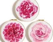 Roze bloemen modern kruissteekpatroon PDF, set van 3 moderne bloemenborduurwerk, Rose Peony Dahlia geteld kruissteek PDF Instant download