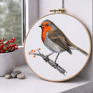 Patrón de punto de cruz de pájaro en PDF, pájaro petirrojo, arte natural fácil, bordado de animales pequeños, descarga digital instantánea en PDF