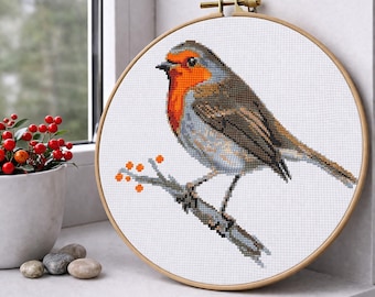 Bird cross stitch pattern PDF, Robin bird, easy nature art, Small animal embroidery, Digital Instant download PDF