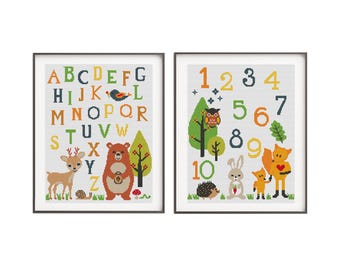 Numbers and alphabet counted cross stitch pattern, Baby x-stitch PDF pattern, Modern nursery decor, Cute animals Bear, Fox, Bunny, Owl, Deer