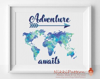 Adventure awaits cross stitch world map Watercolor cross stitch map cross stitch pattern PDF Easy cross stitch Modern counted cross stitch